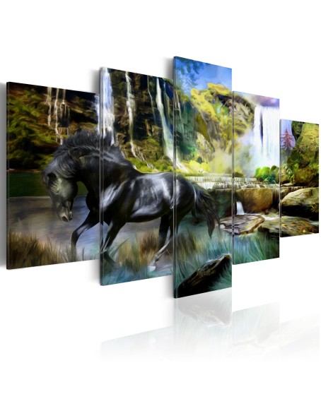 Картина - Black horse on the background of paradise waterfall